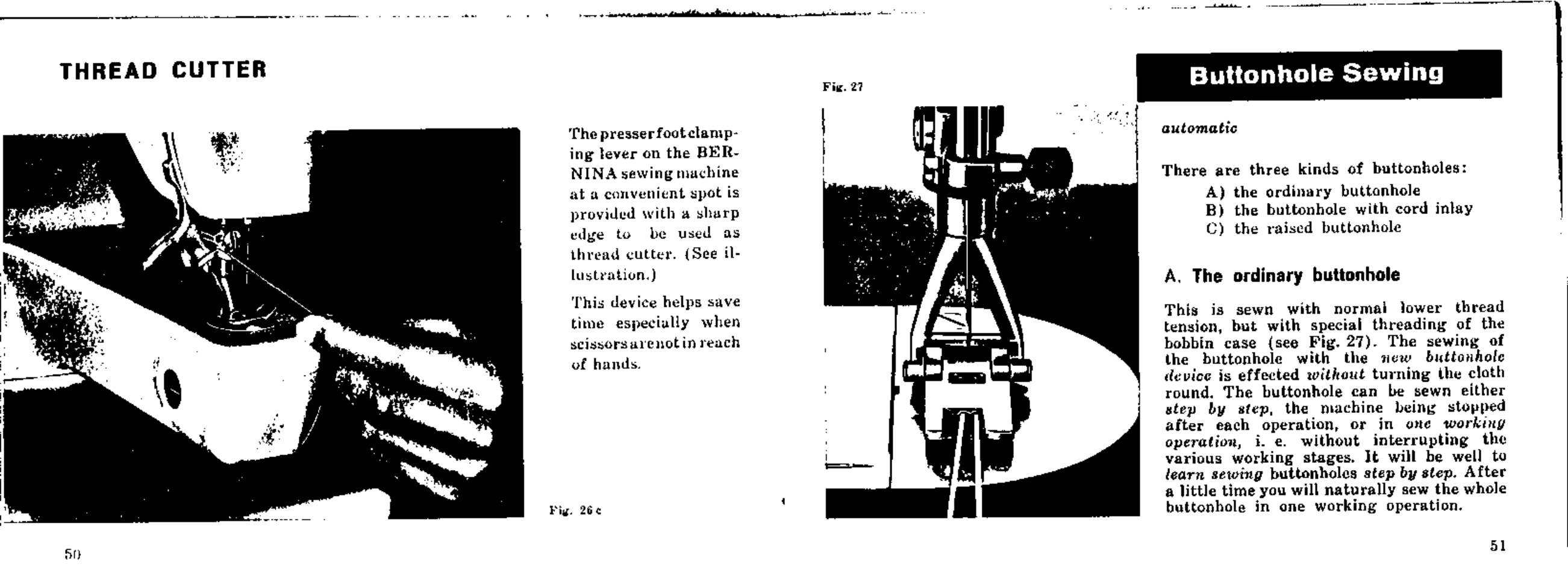 Thread cutter, Buttonhole sewing | Bernina 532-2 User Manual | Page 28 / 54