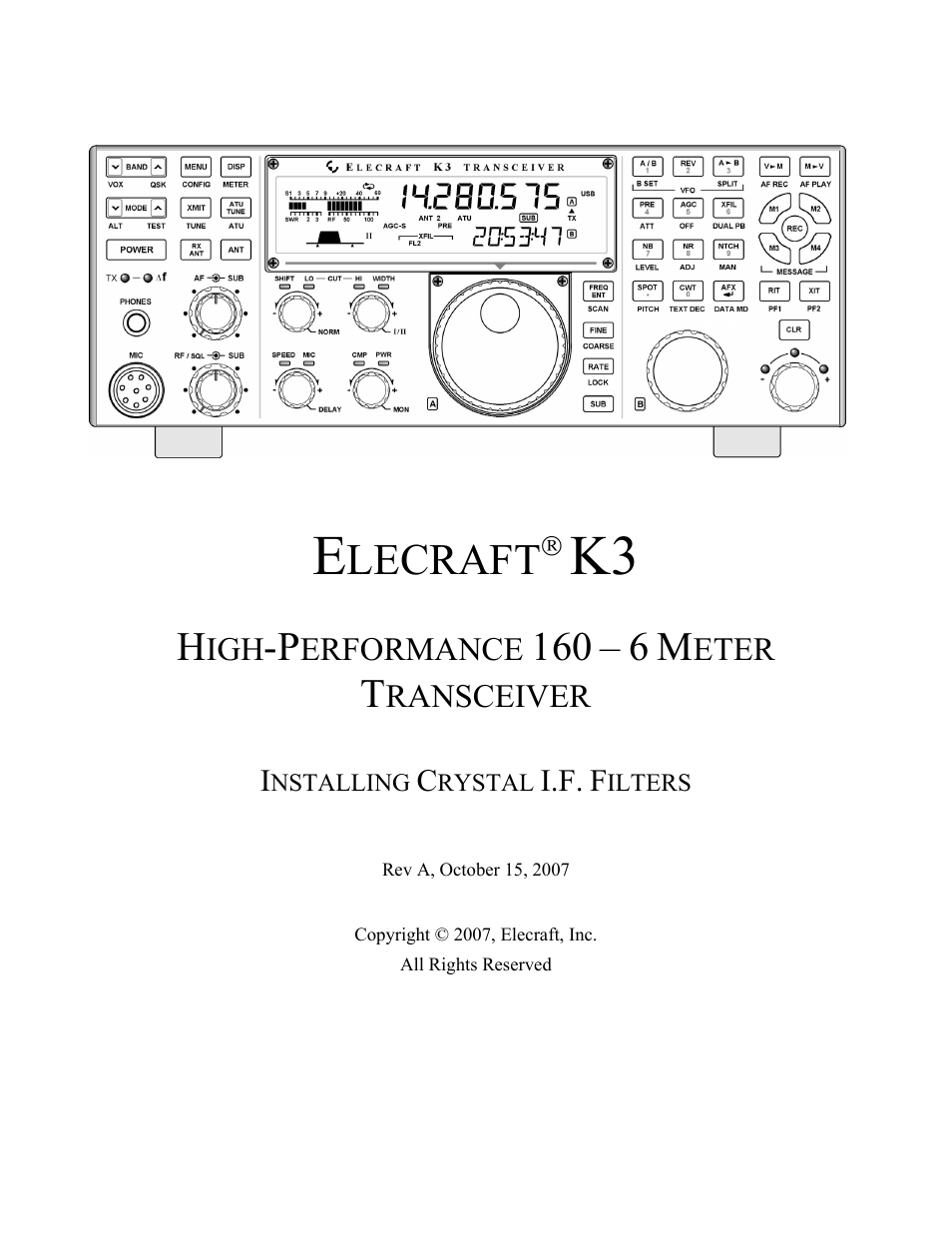 Elecraft K3 Crystal Filter Manual User Manual | 10 pages