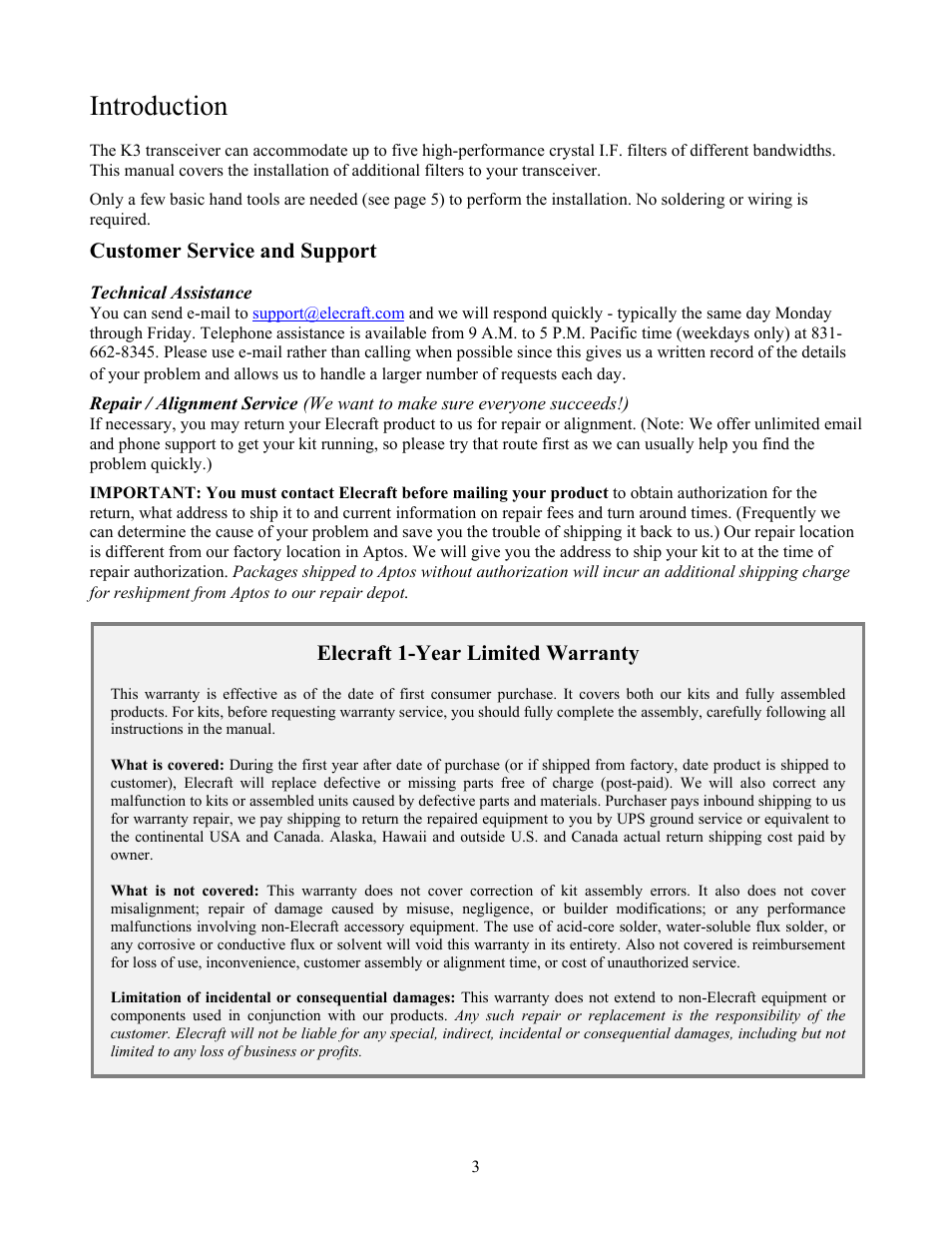 Introduction | Elecraft K3 Crystal Filter Manual User Manual | Page 3 / 10