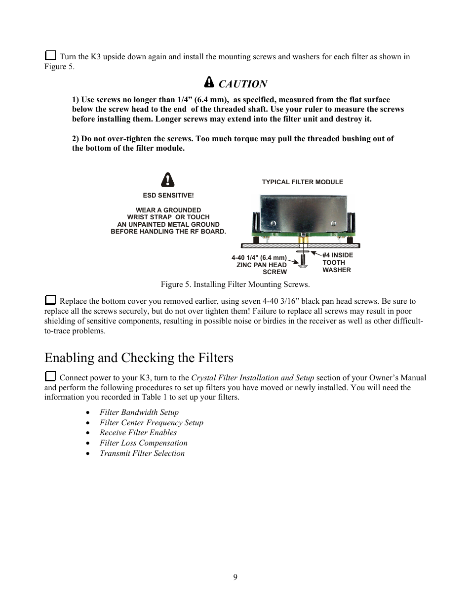 Enabling and checking the filters, Caution | Elecraft K3 Crystal Filter Manual User Manual | Page 9 / 10