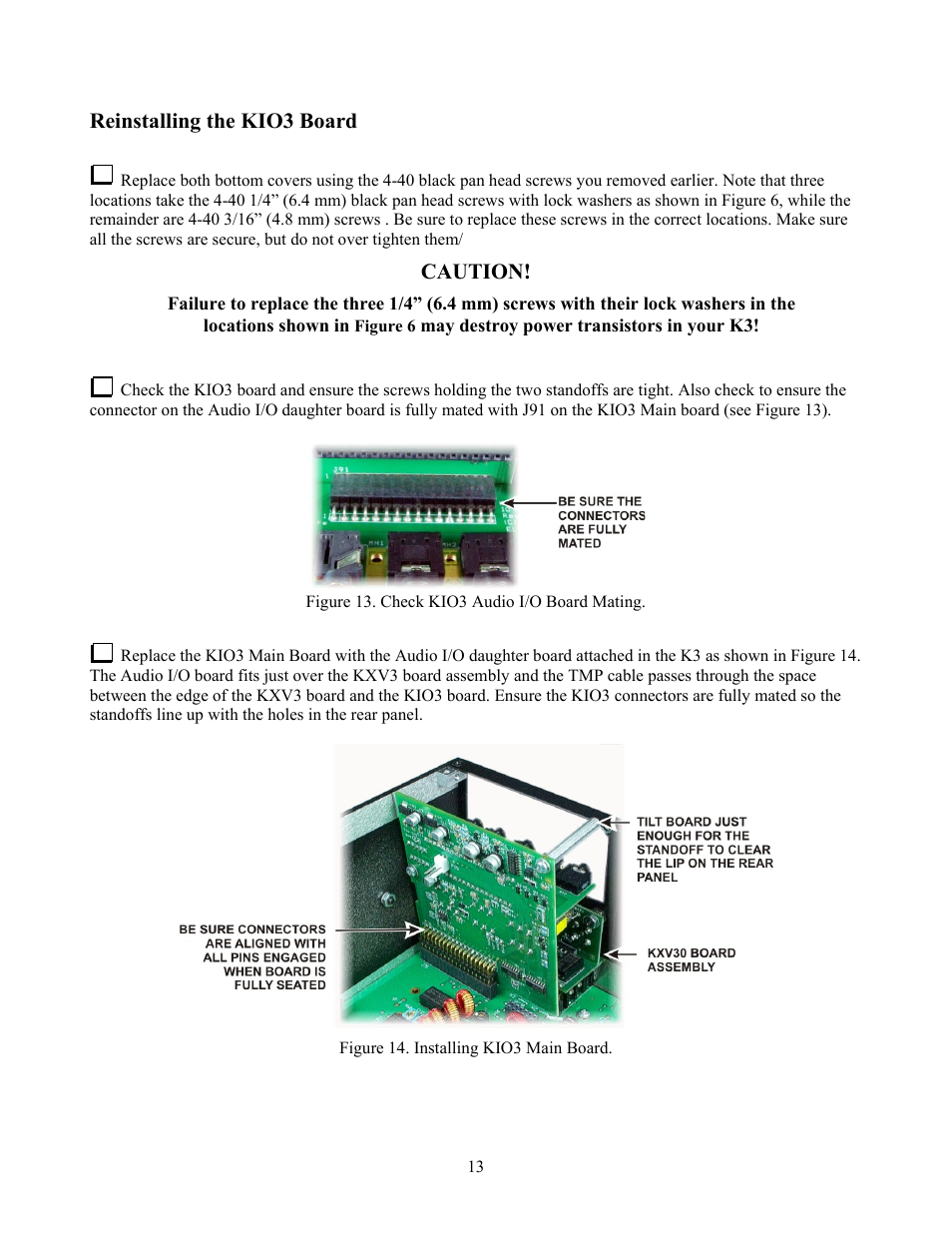 Reinstalling the kio3 board, Caution | Elecraft KXV3  Manual User Manual | Page 13 / 15