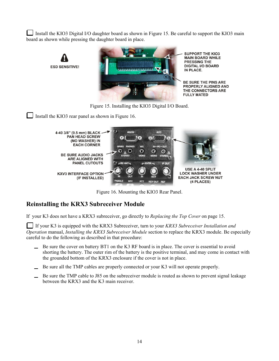 Reinstalling the krx3 subreceiver module | Elecraft KXV3  Manual User Manual | Page 14 / 15