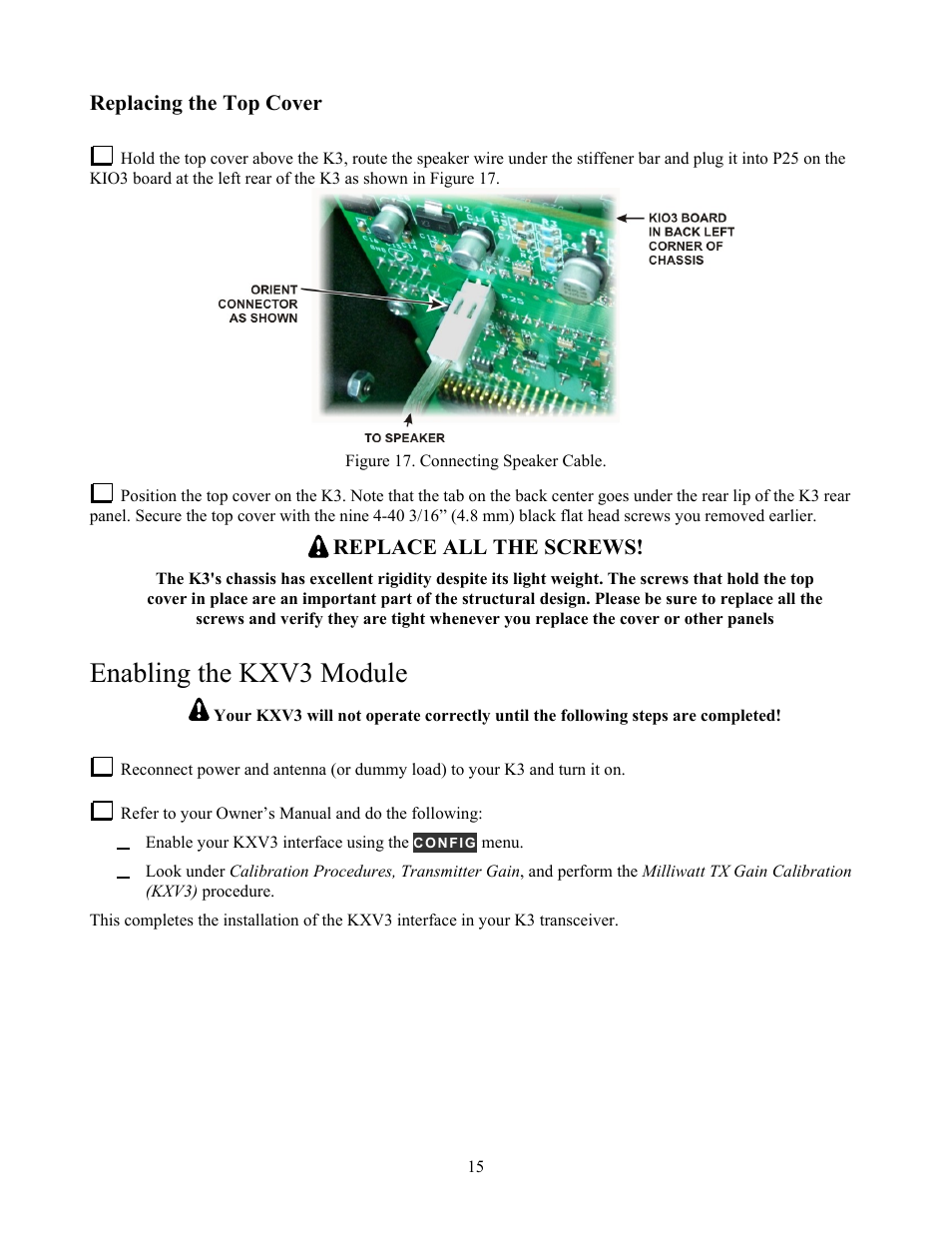 Enabling the kxv3 module | Elecraft KXV3  Manual User Manual | Page 15 / 15