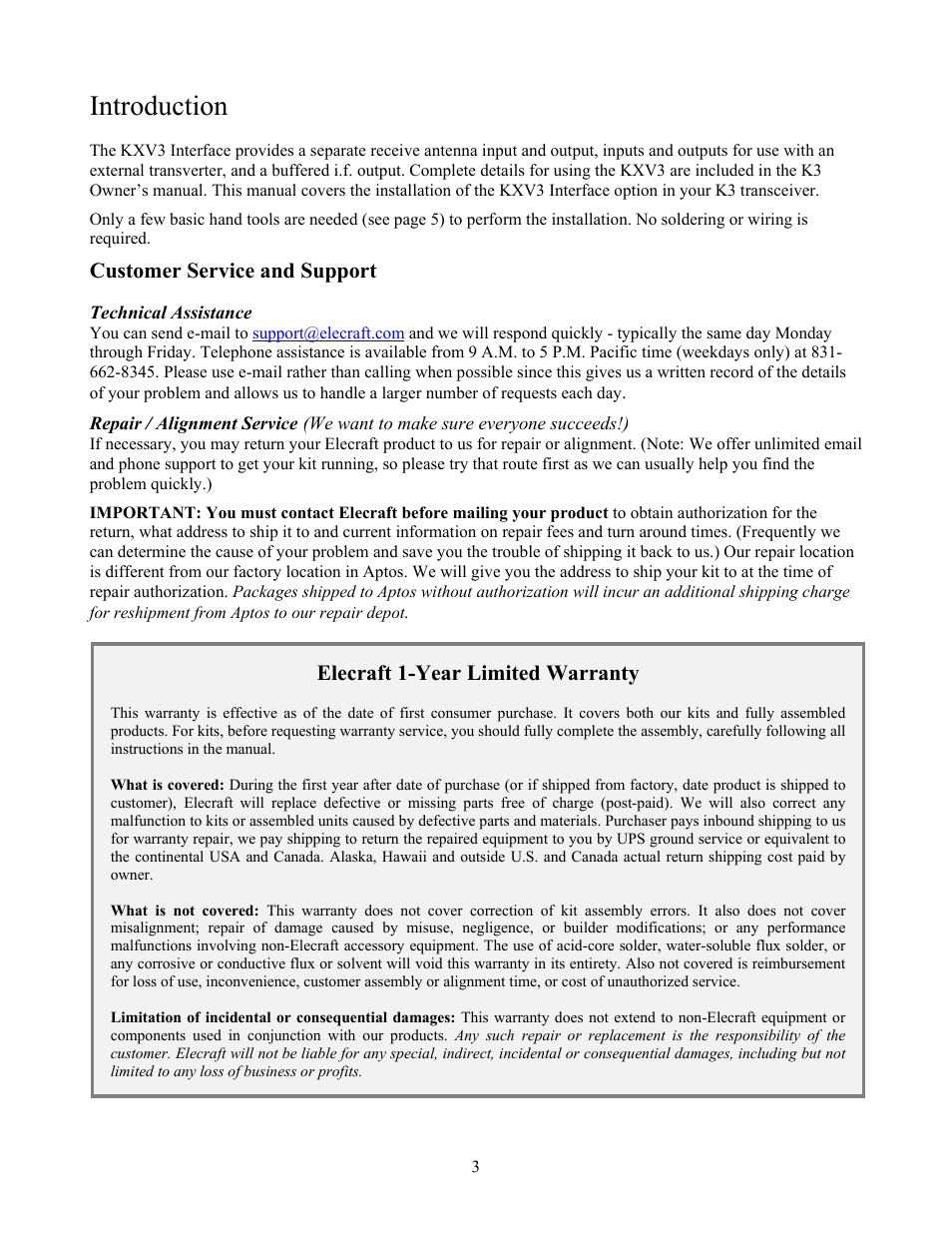 Introduction | Elecraft KXV3  Manual User Manual | Page 3 / 15