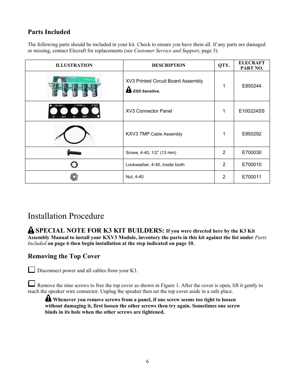 Installation procedure, Parts included, Removing the top cover | Elecraft KXV3  Manual User Manual | Page 6 / 15