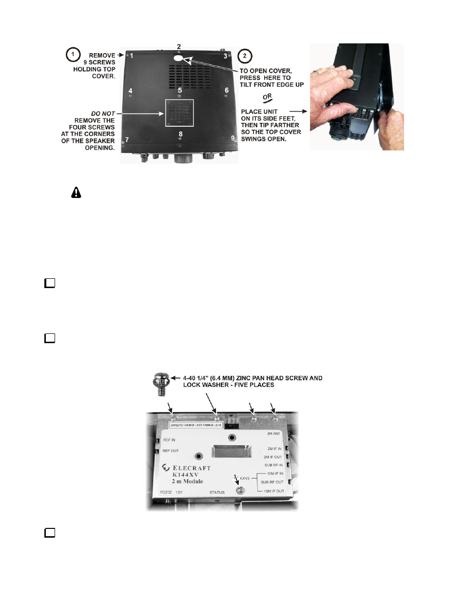 Caution, Removing the k144xv 2-meter module | Elecraft KXV3A User Manual | Page 7 / 16
