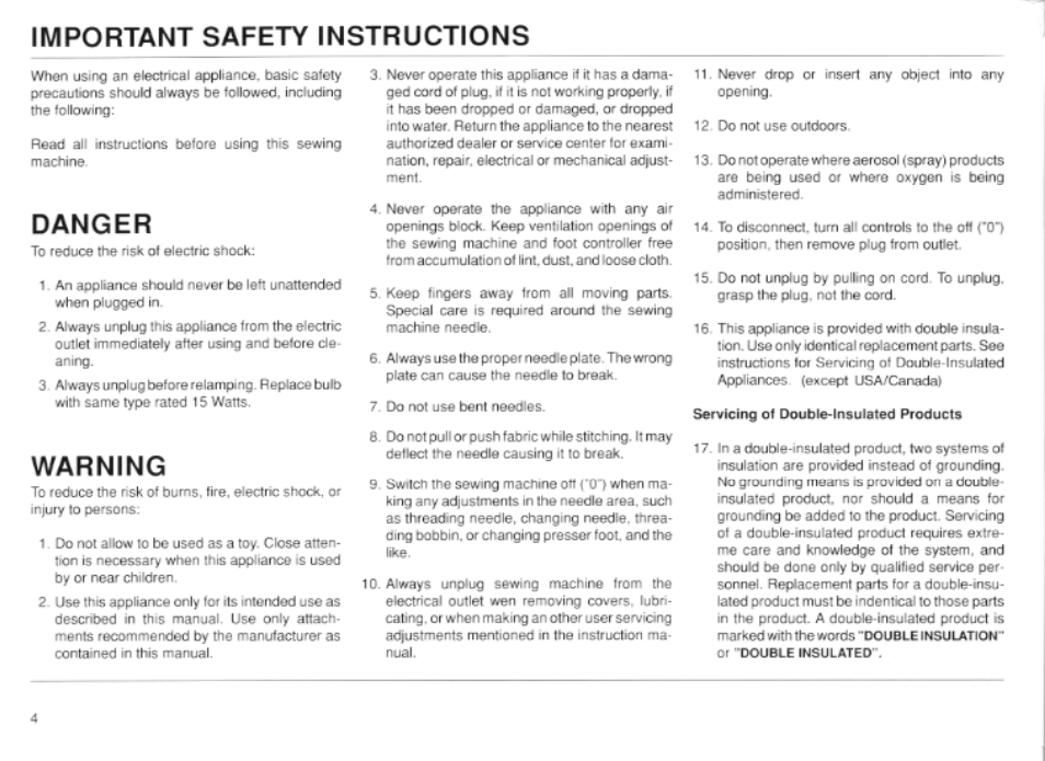 Important safety instructions, Danger, Warning | Bernina 740E User Manual | Page 5 / 51