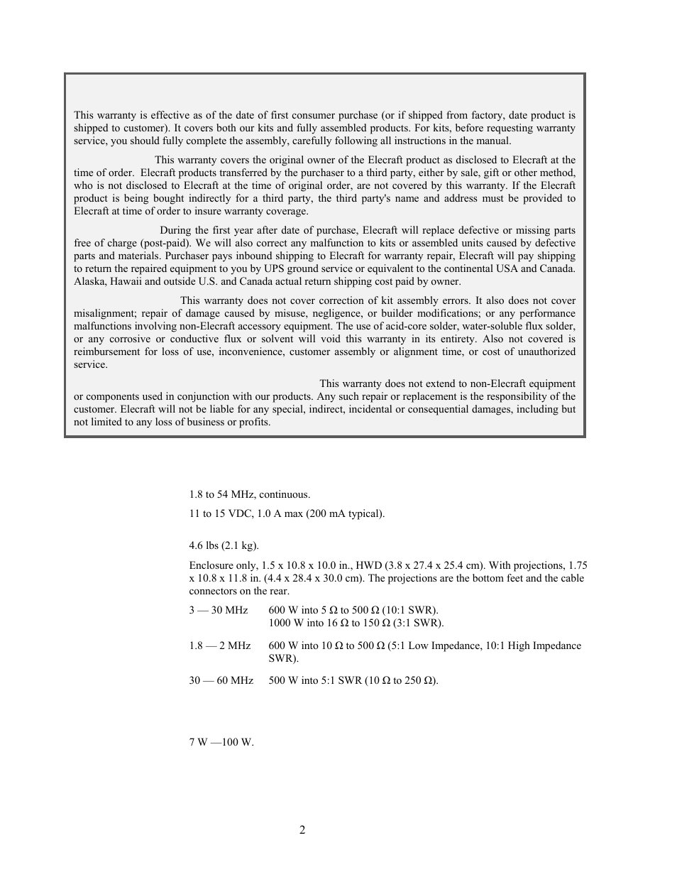 Specifications, Elecraft's 1-year limited warranty | Elecraft KAT500 Owners Manual User Manual | Page 5 / 50