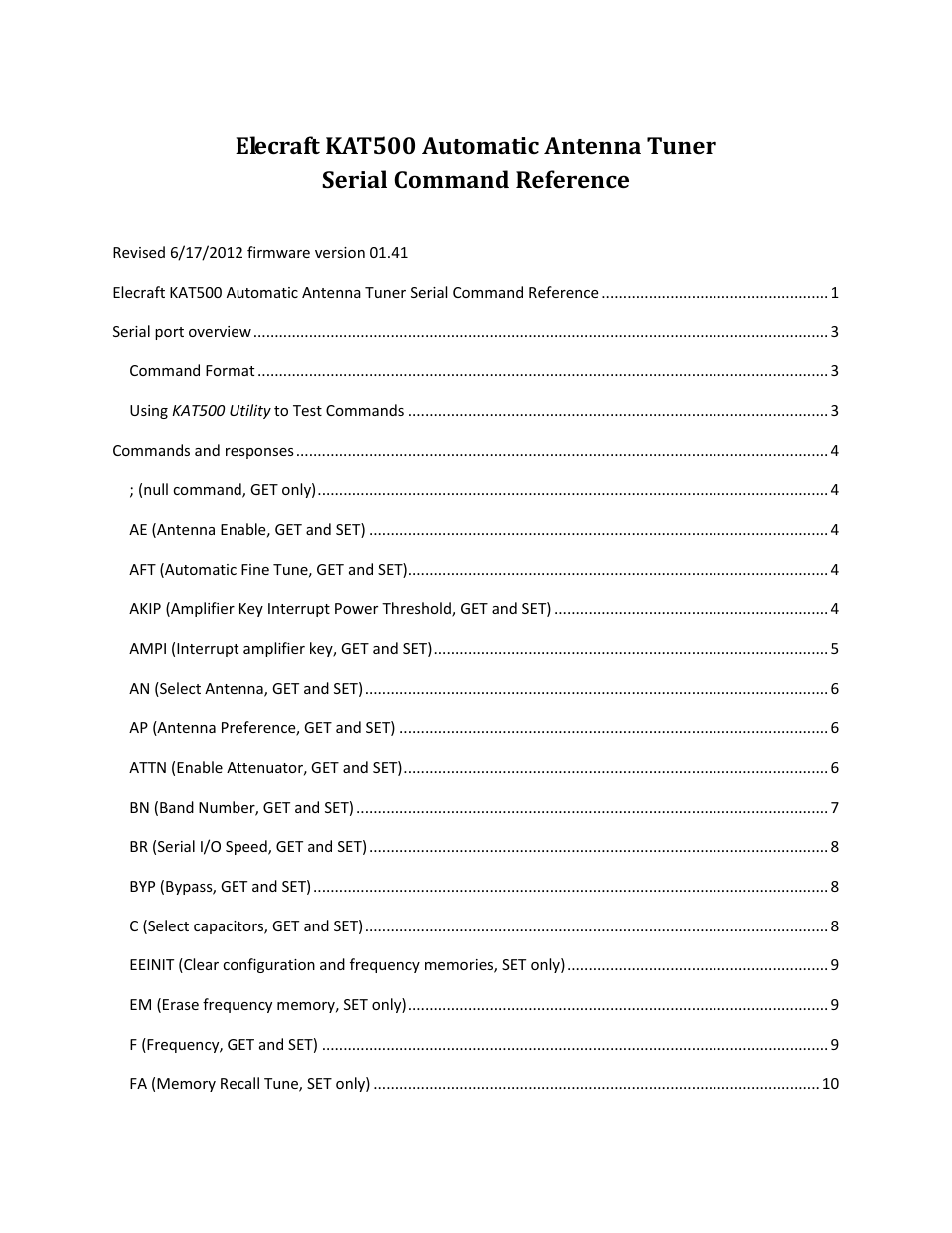 Elecraft KAT500 Serial Command Reference User Manual | 17 pages