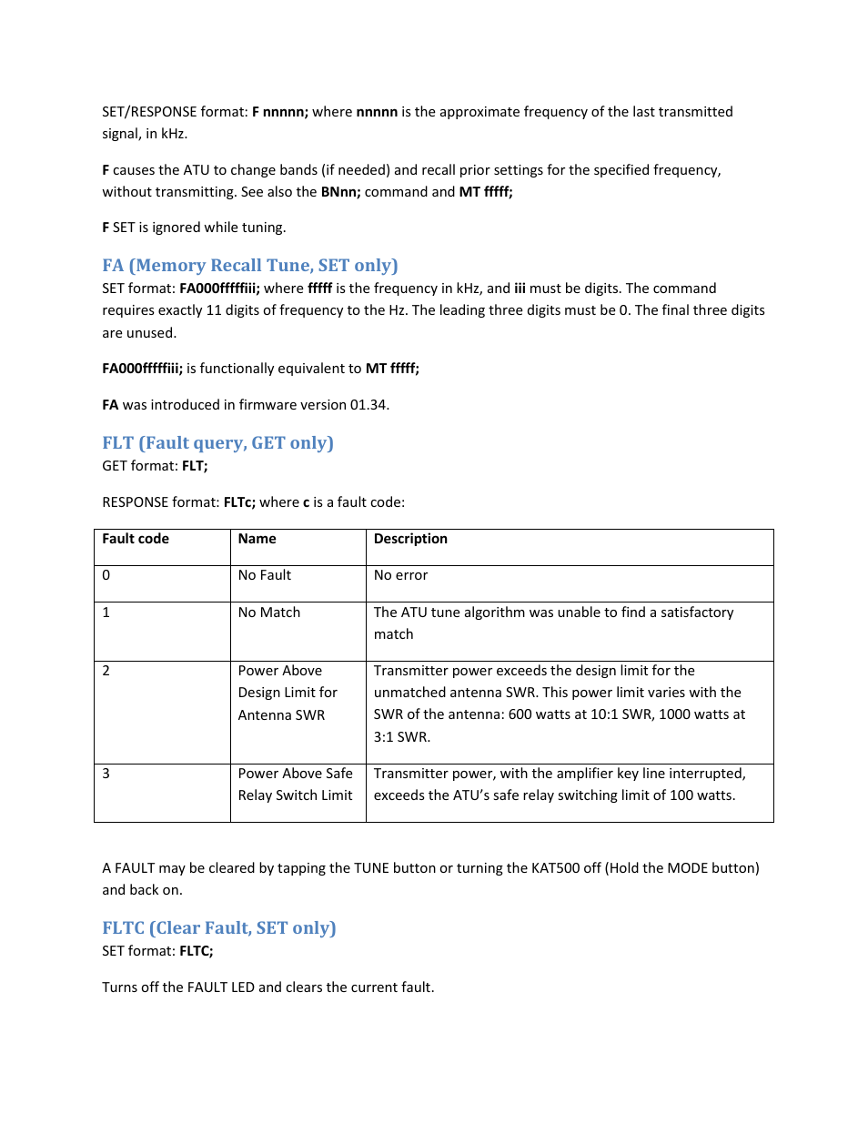 Fa (memory recall tune, set only), Flt (fault query, get only), Fltc (clear fault, set only) | Elecraft KAT500 Serial Command Reference User Manual | Page 10 / 17