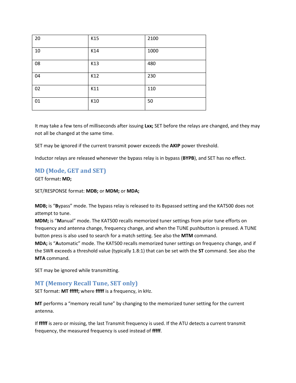 Md (mode, get and set), Mt (memory recall tune, set only) | Elecraft KAT500 Serial Command Reference User Manual | Page 12 / 17