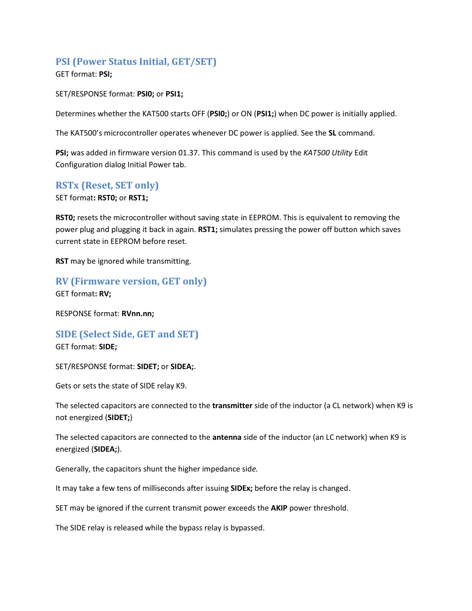 Psi (power status initial, get/set), Rstx (reset, set only), Rv (firmware version, get only) | Side (select side, get and set) | Elecraft KAT500 Serial Command Reference User Manual | Page 14 / 17