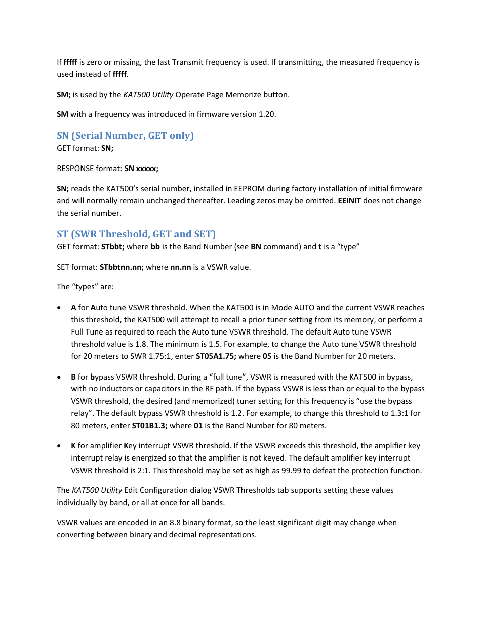 Sn (serial number, get only), St (swr threshold, get and set) | Elecraft KAT500 Serial Command Reference User Manual | Page 16 / 17