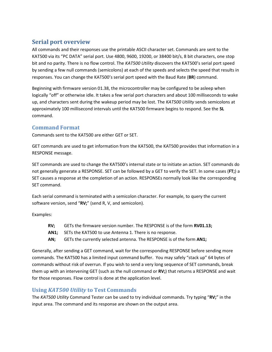 Serial port overview, Command format, Using kat500 utility to test commands | Elecraft KAT500 Serial Command Reference User Manual | Page 3 / 17