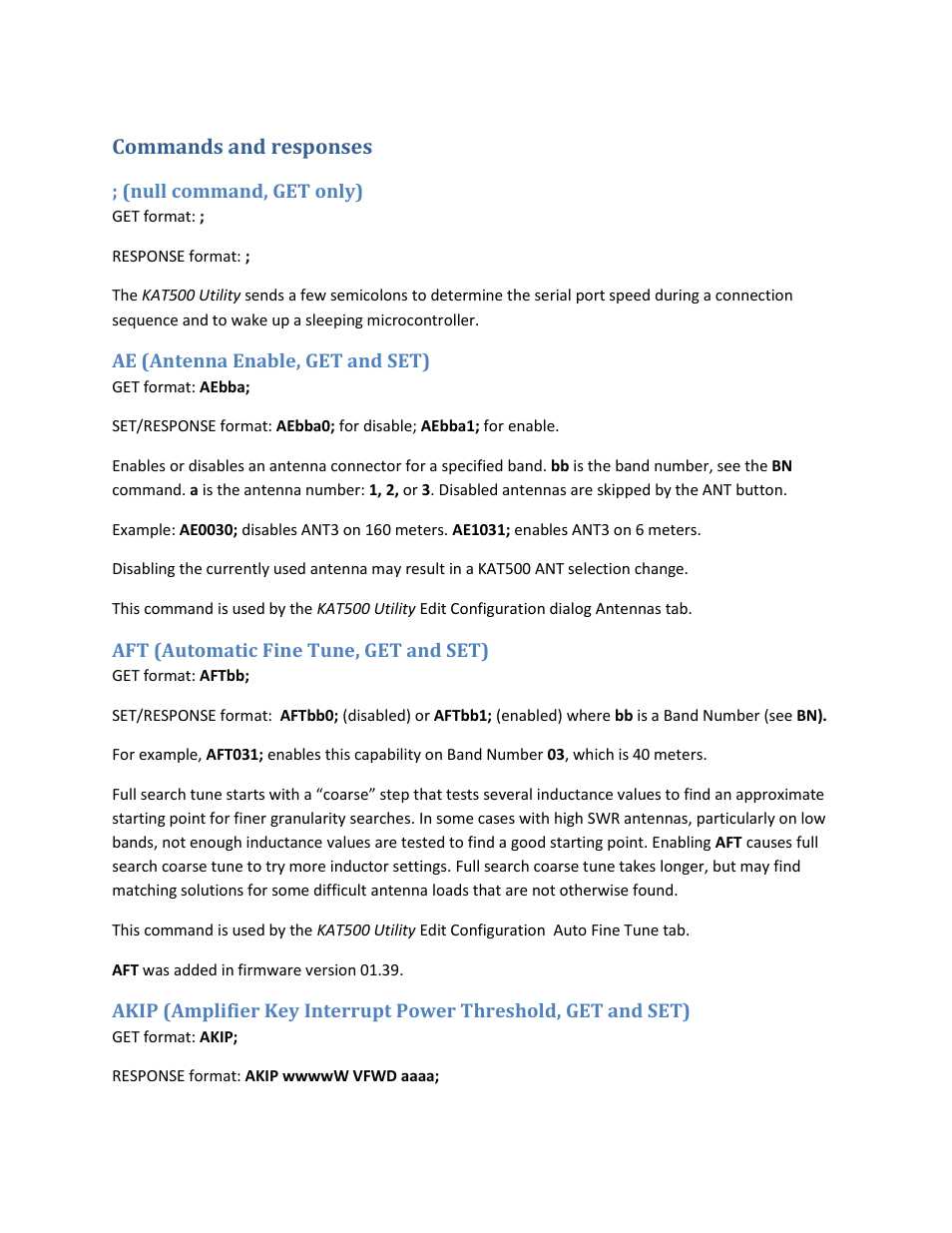 Commands and responses, Null command, get only), Ae (antenna enable, get and set) | Aft (automatic fine tune, get and set) | Elecraft KAT500 Serial Command Reference User Manual | Page 4 / 17