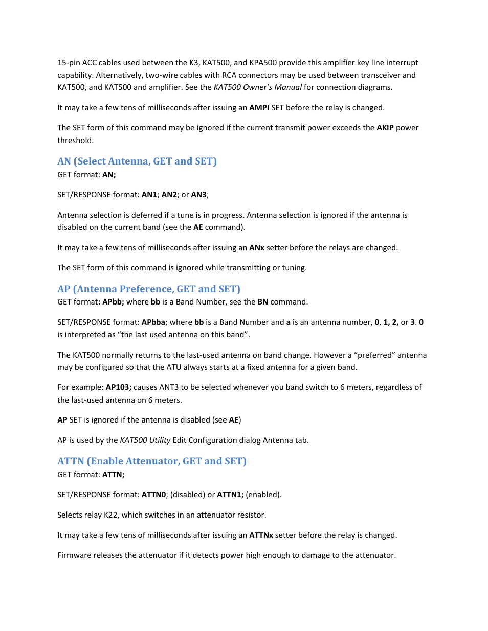 An (select antenna, get and set), Ap (antenna preference, get and set), Attn (enable attenuator, get and set) | Elecraft KAT500 Serial Command Reference User Manual | Page 6 / 17