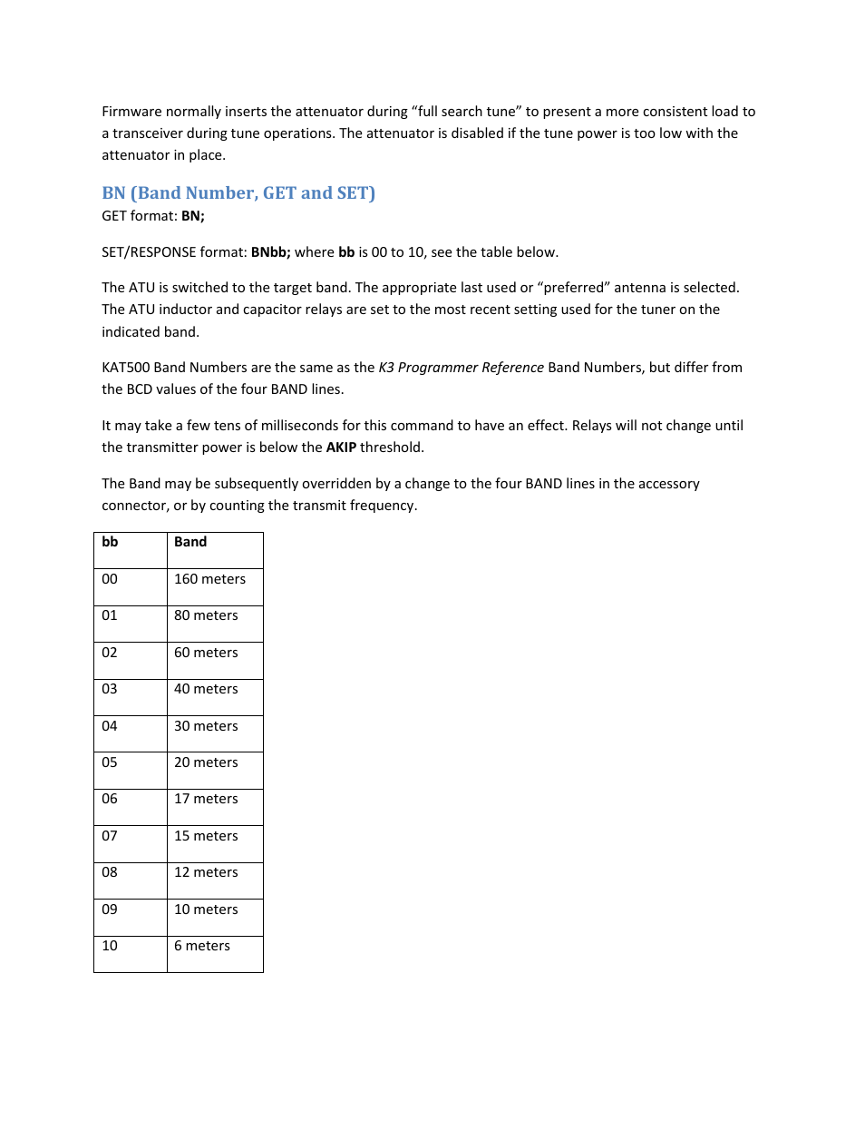 Bn (band number, get and set) | Elecraft KAT500 Serial Command Reference User Manual | Page 7 / 17