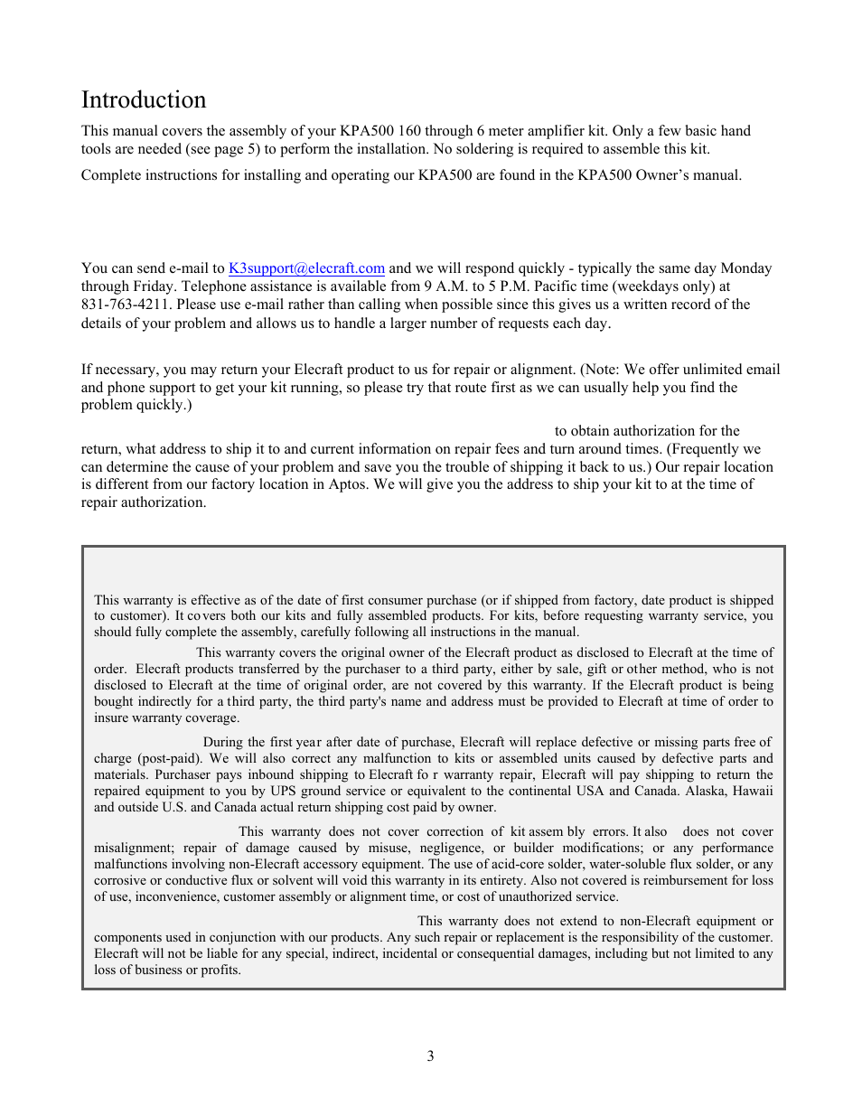 Introduction, Customer service and support, Elecraft's 1-year limited warranty | Elecraft KPA500 Kit Assembly Manual User Manual | Page 4 / 54