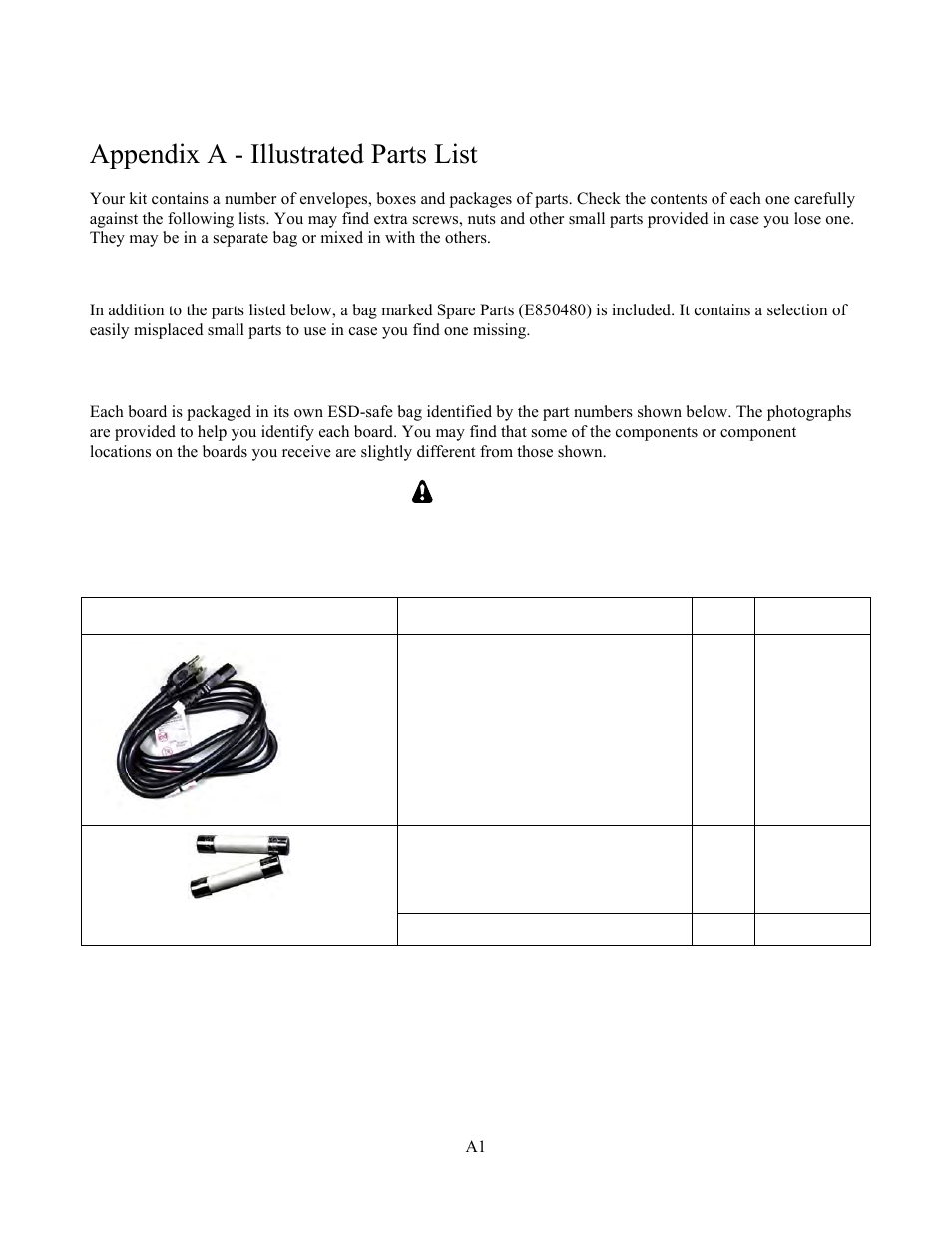 Appendix a - illustrated parts list, Spare parts bag, Printed circuit boards | Caution, Power cord and fuses | Elecraft KPA500 Kit Assembly Manual User Manual | Page 45 / 54