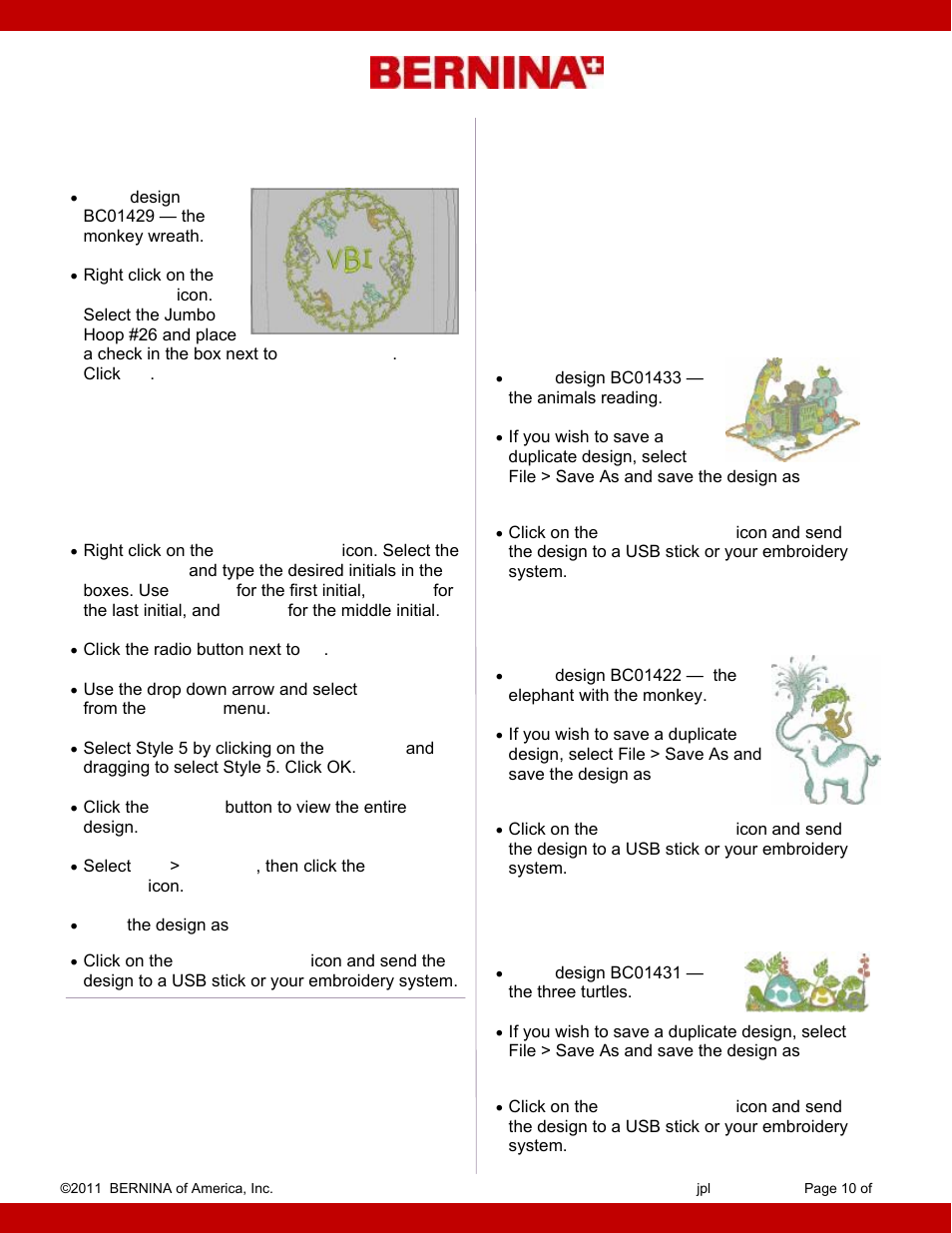 Animals reading, Elephant and monkey, Turtle parade | Monkey wreath with initials | Bernina Baby Accessories User Manual | Page 10 / 10