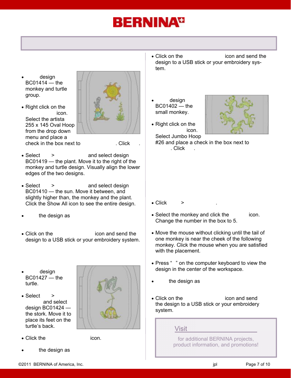 Monkeys chasing tails, Monkey sitting on turtle, Stork & turtle | Bernina Baby Accessories User Manual | Page 7 / 10