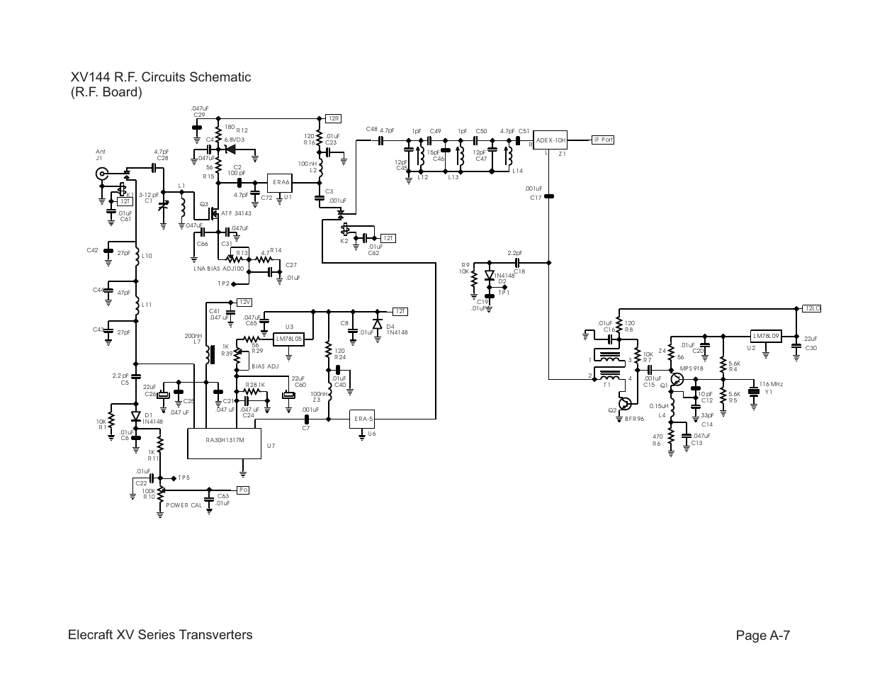 Elecraft xv series transverters page a-7, Xv144 r.f. circuits schematic (r.f. board) | Elecraft XV Transverter Owner's Manual User Manual | Page 44 / 51