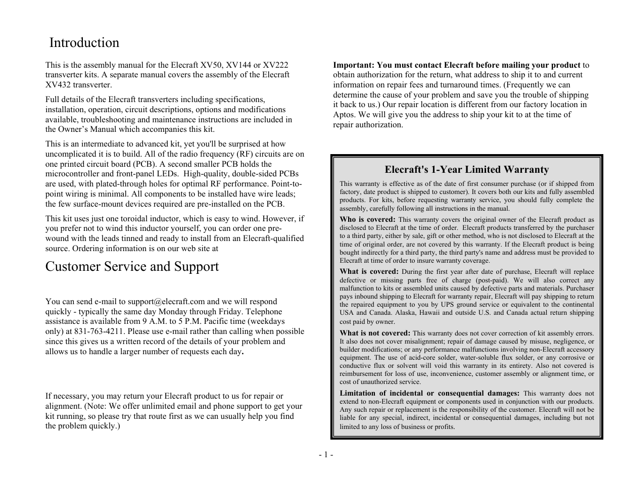 Introduction, Customer service and support | Elecraft XV Assembly Manual for XV222 User Manual | Page 4 / 57