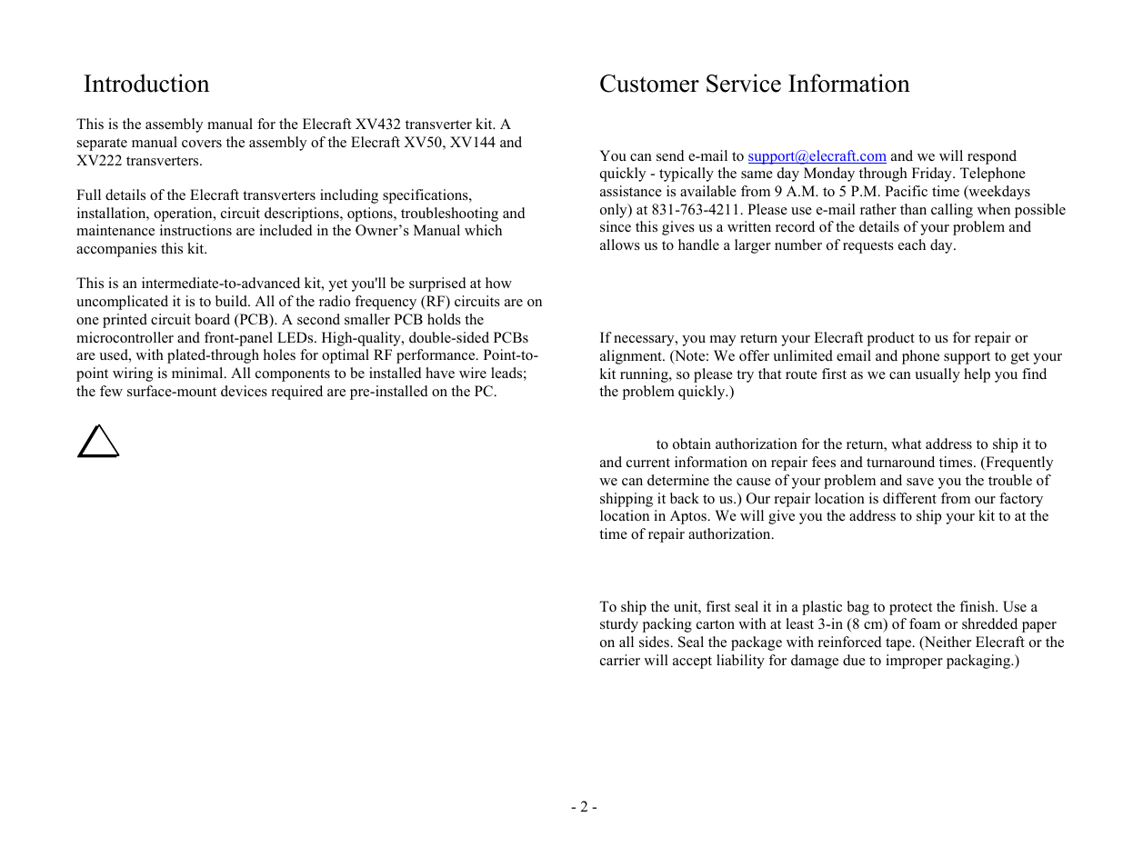 Introduction, Customer service information | Elecraft XV Assembly Manual for XV432 MHz User Manual | Page 4 / 48