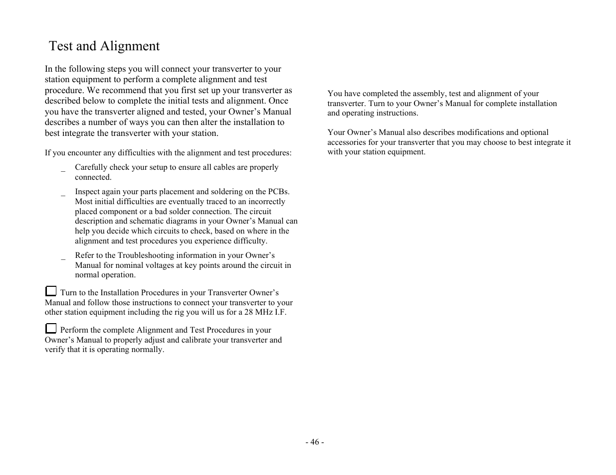 Test and alignment | Elecraft XV Assembly Manual for XV432 MHz User Manual | Page 48 / 48