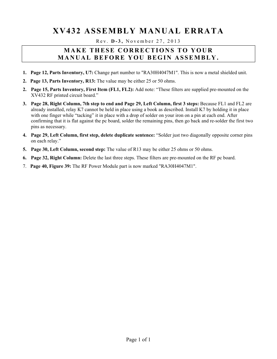 Elecraft XV 432 Assembly Manual Errata User Manual | 1 page