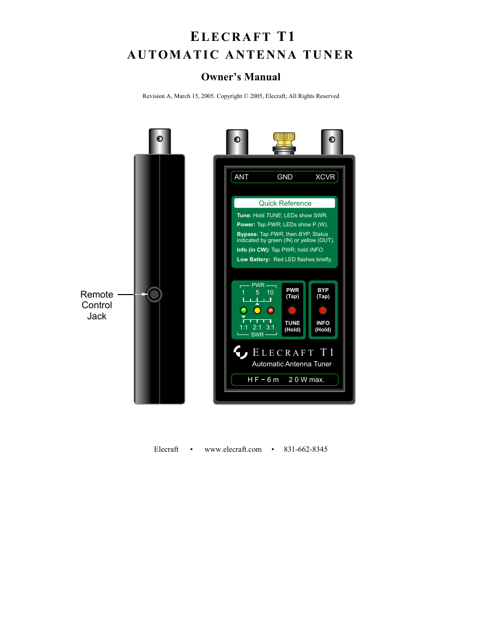 Elecraft T1 ATU Owner's Manual User Manual | 12 pages
