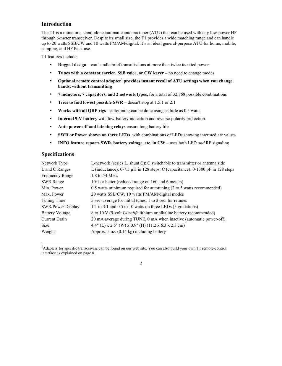 Elecraft T1 ATU Owner's Manual User Manual | Page 2 / 12