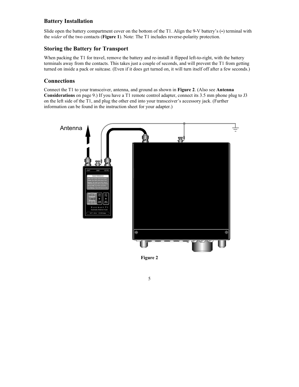 Antenna, Battery installation, Storing the battery for transport | Connections, Figure 2 | Elecraft T1 ATU Owner's Manual User Manual | Page 5 / 12