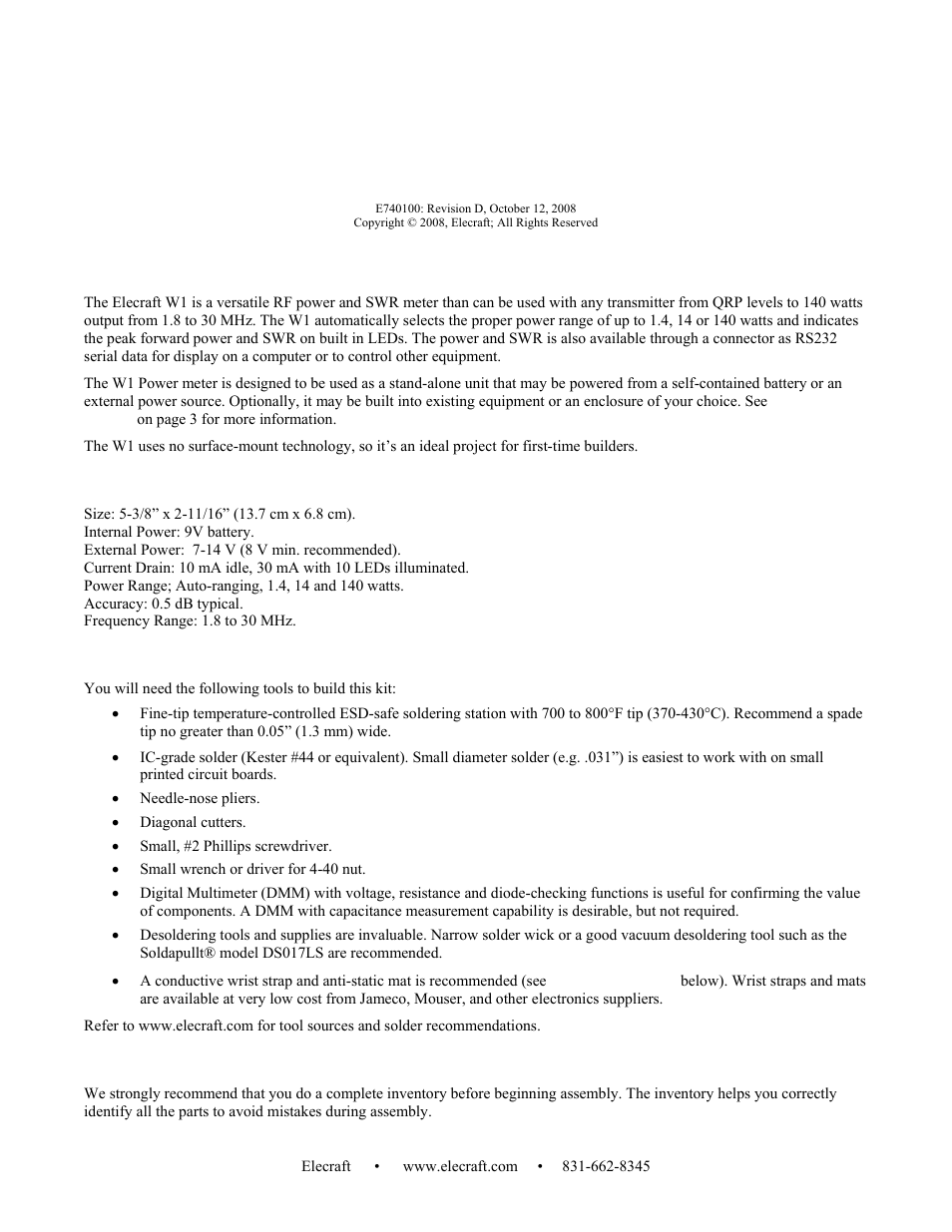 Elecraft W1 User Manual | 15 pages