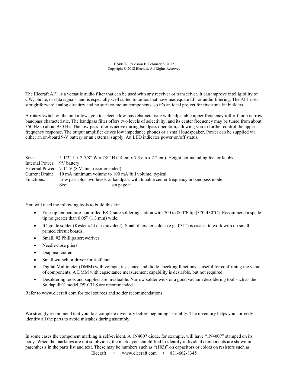 Elecraft AF1 Audio Filter User Manual | 9 pages