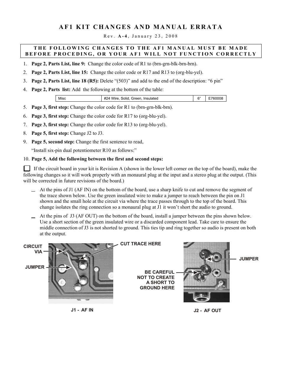 Elecraft AF1 Audio Filter Errata User Manual | 1 page