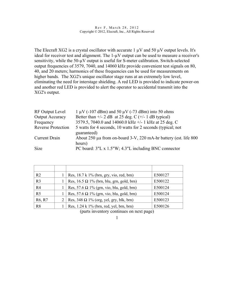 Elecraft XG2 Manual User Manual | 8 pages