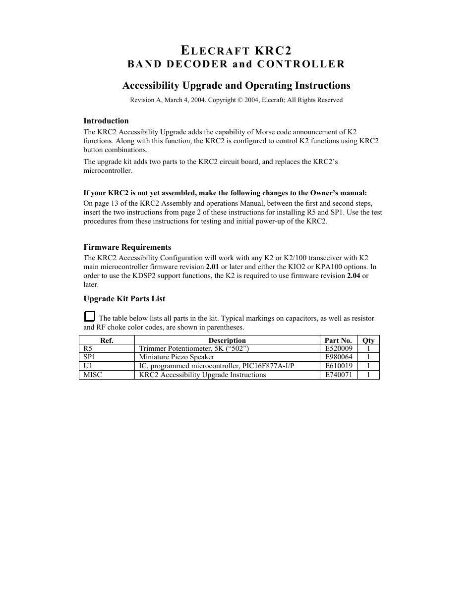 Elecraft KRC2ACC User Manual | 8 pages