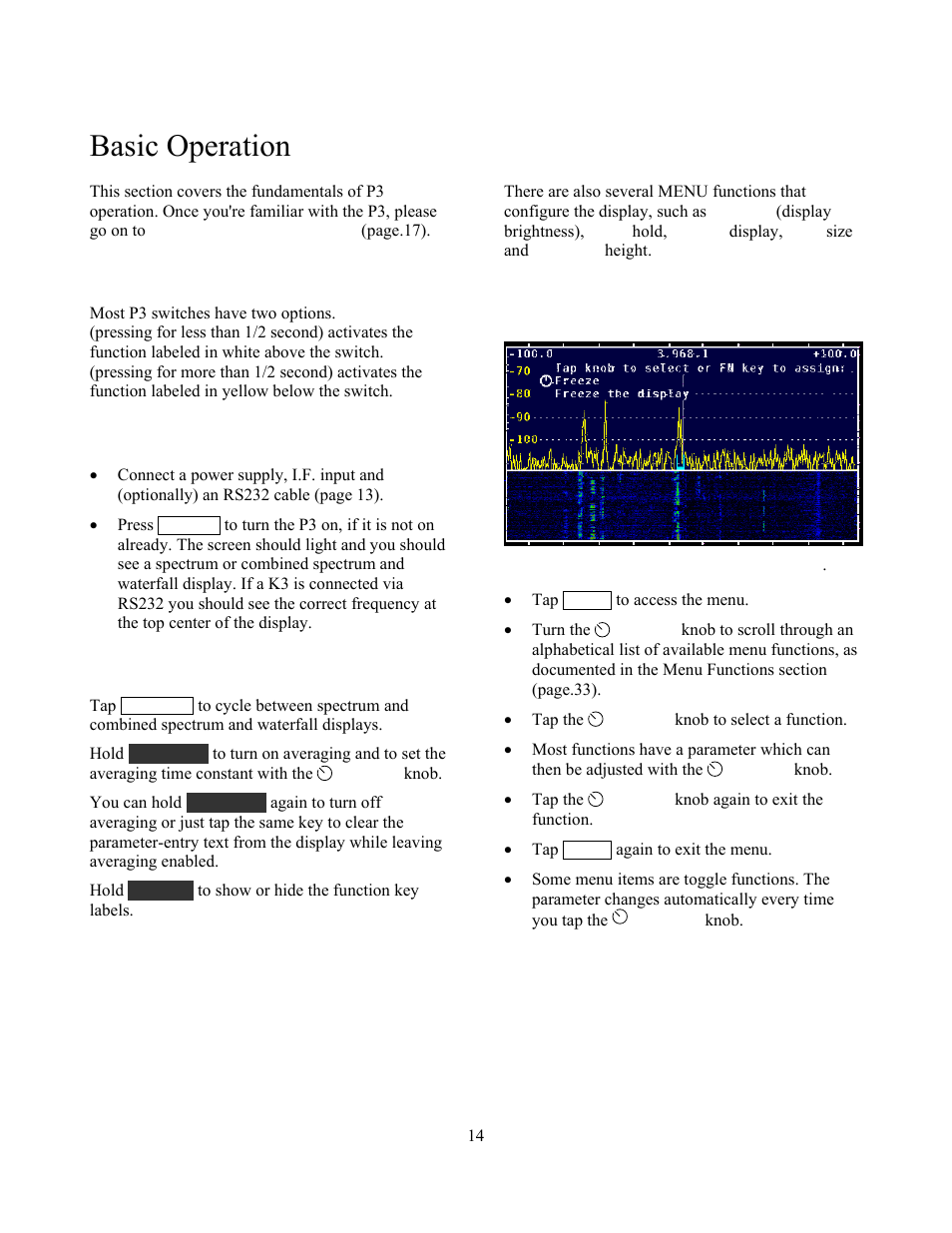 Basic operation, Using tap/hold switches, Initial power-up | Configuring the display, Using the menu | Elecraft P3 High-Performance Panadapter Manual User Manual | Page 14 / 60