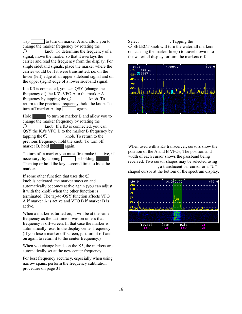 Using markers, Waterfall markers, Using cursors | Elecraft P3 High-Performance Panadapter Manual User Manual | Page 16 / 60