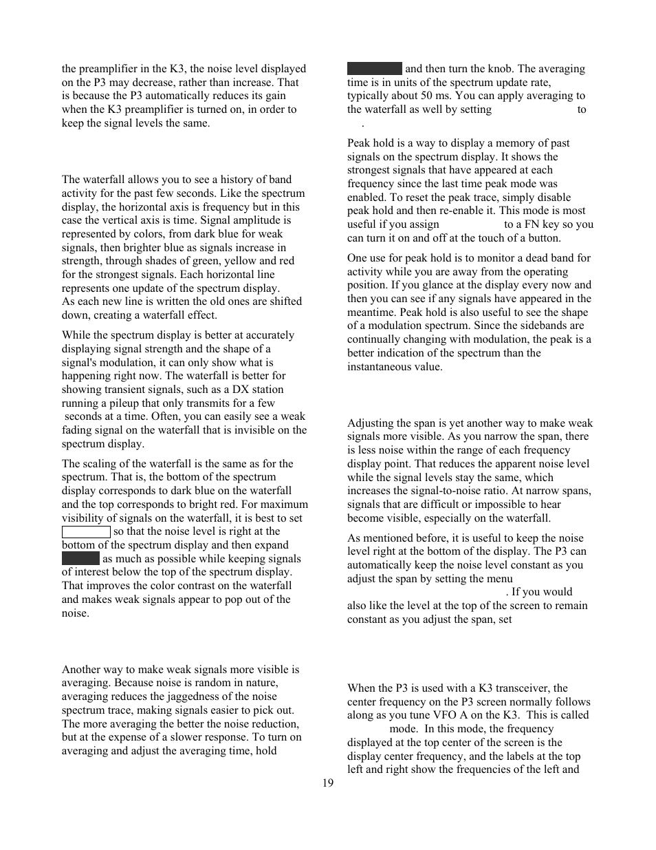 Waterfall display, Averaging and peak hold, Span | Fixed-tune mode | Elecraft P3 High-Performance Panadapter Manual User Manual | Page 19 / 60