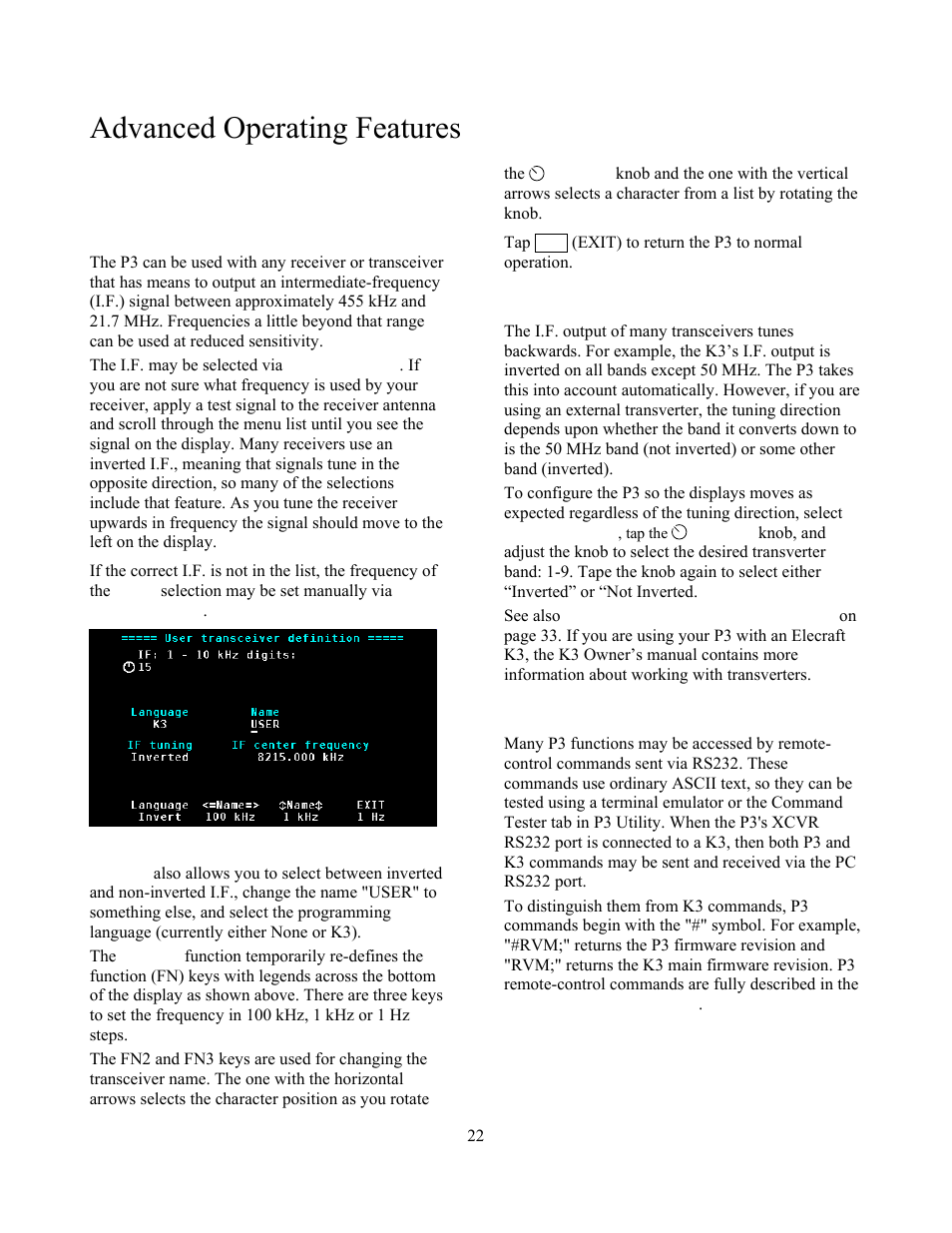 Advanced operating features, Basic p3 | Elecraft P3 High-Performance Panadapter Manual User Manual | Page 22 / 60