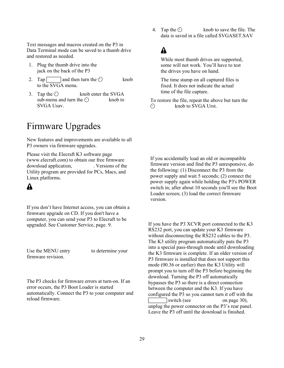 Firmware upgrades, Checking your firmware revision, P3 firmware self-test | Forcing a firmware download, Updating k3 firmware | Elecraft P3 High-Performance Panadapter Manual User Manual | Page 29 / 60