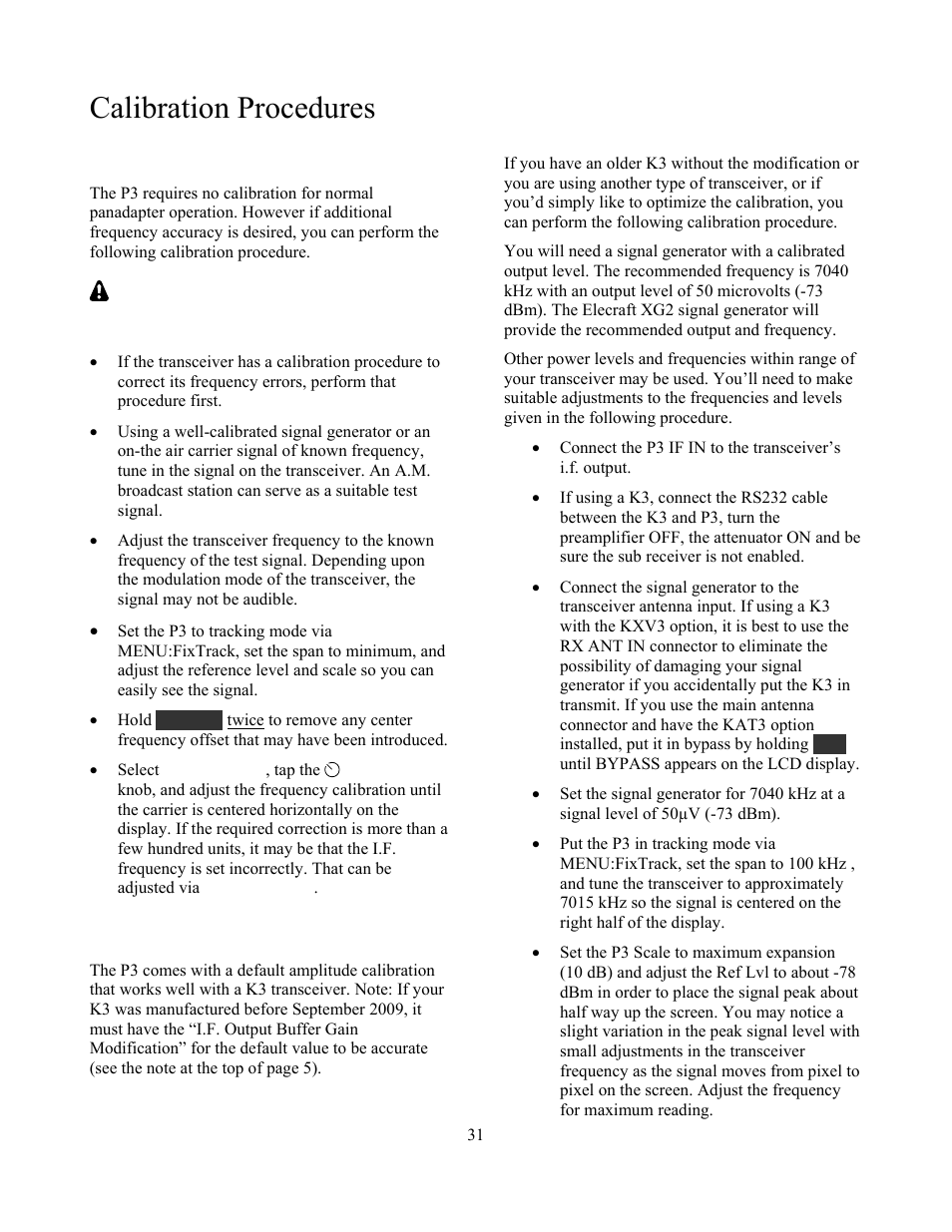 Calibration procedures, Frequency calibration, Amplitude calibration | Elecraft P3 High-Performance Panadapter Manual User Manual | Page 31 / 60