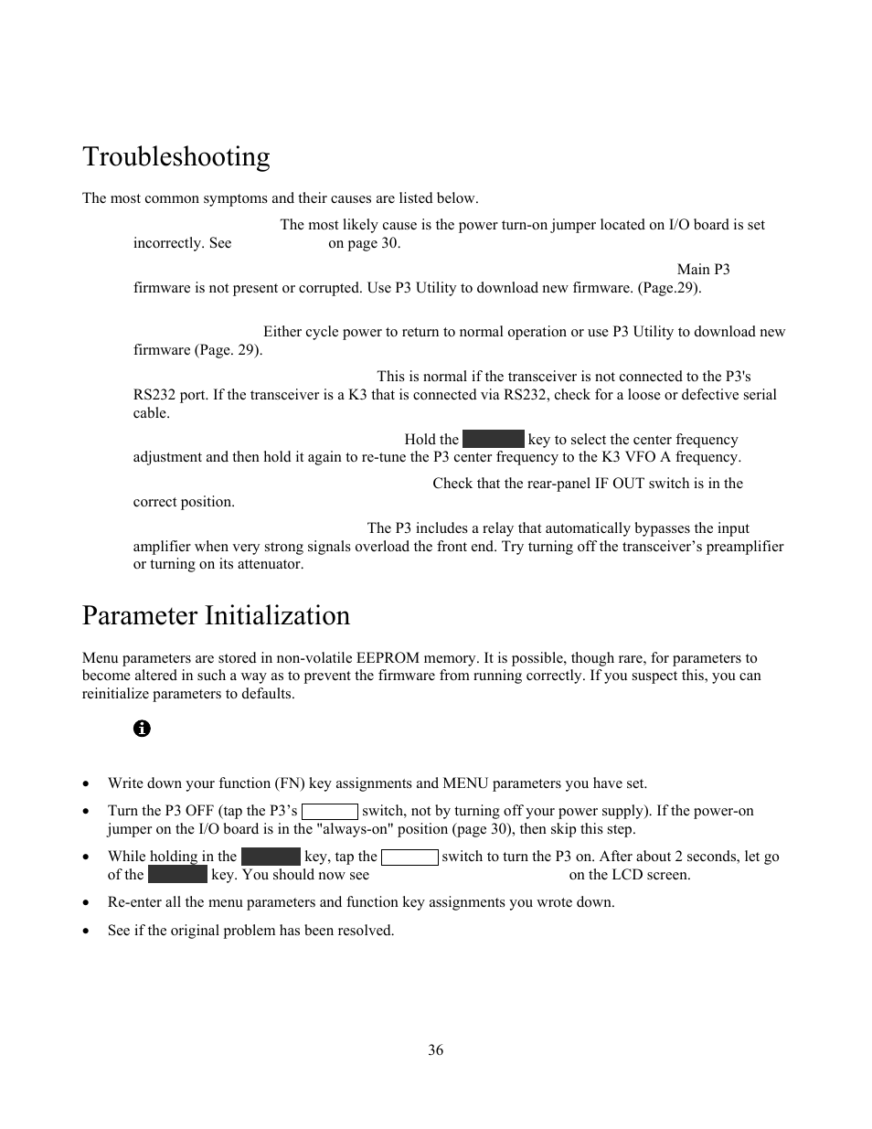 Troubleshooting, Parameter initialization | Elecraft P3 High-Performance Panadapter Manual User Manual | Page 36 / 60
