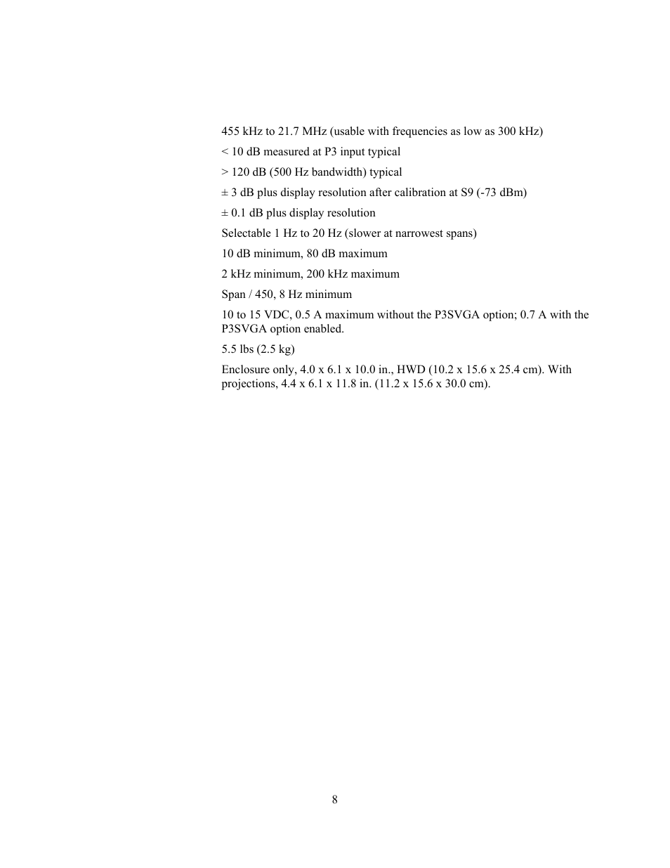 Specifications | Elecraft P3 High-Performance Panadapter Manual User Manual | Page 8 / 60