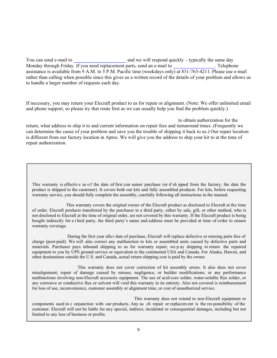 Customer service and support, Elecraft 1-year limited warranty | Elecraft P3 High-Performance Panadapter Manual User Manual | Page 9 / 60