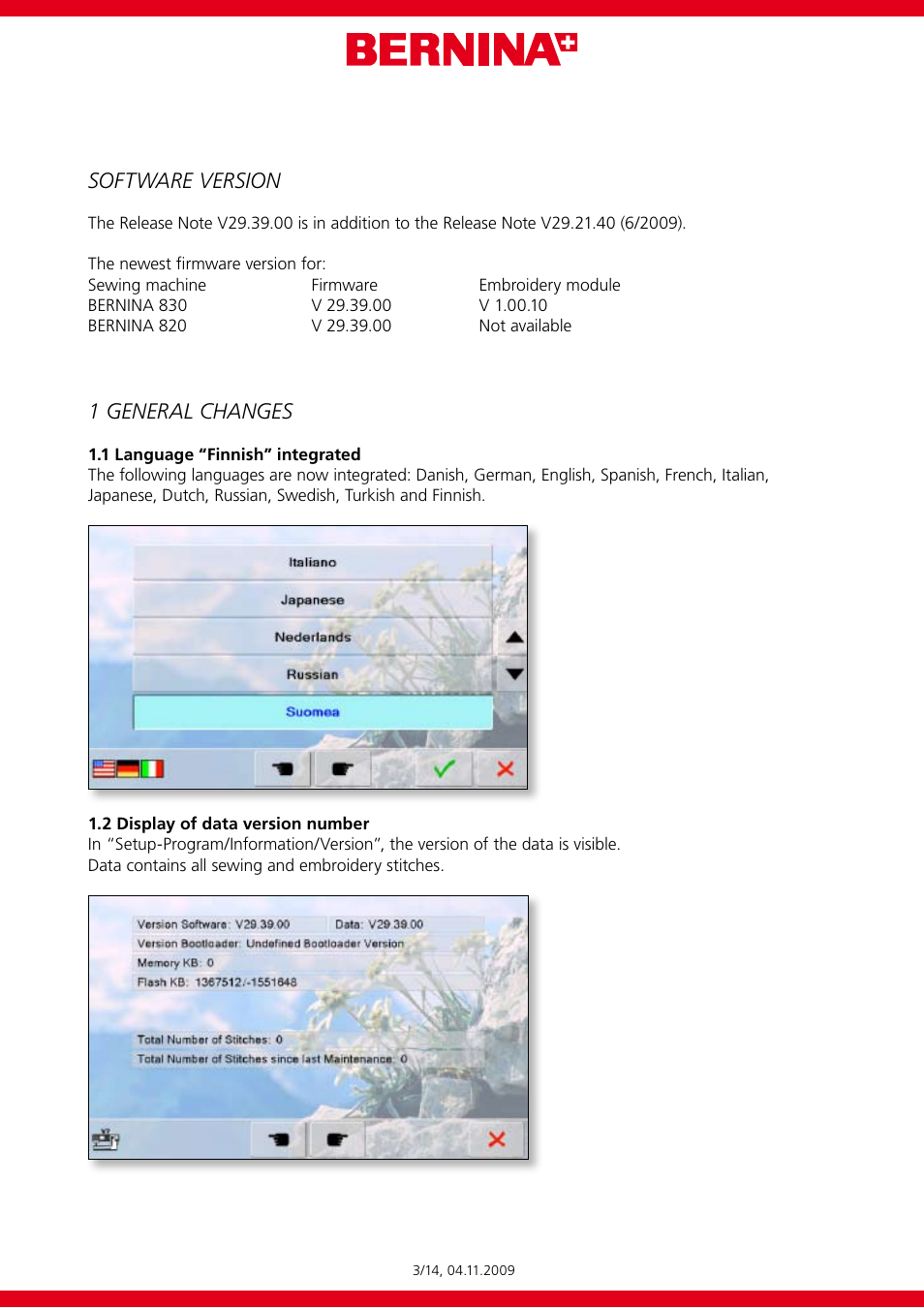 Software version, 1 general changes | Bernina 8 SERIES V29.39.00 User Manual | Page 3 / 14