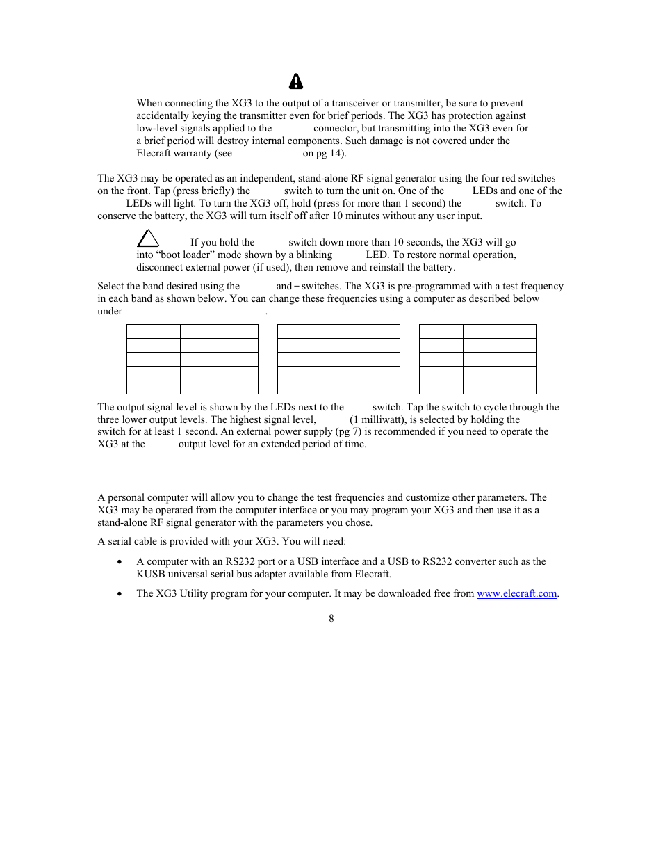 Caution | Elecraft XG3 RF User Manual | Page 8 / 31