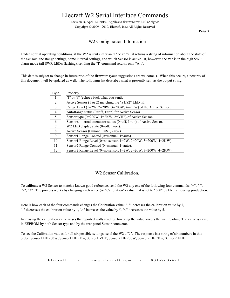 Elecraft w2 serial interface commands, W2 configuration information, W2 sensor calibration | Elecraft W2 Serial Interface Commands User Manual | Page 3 / 3